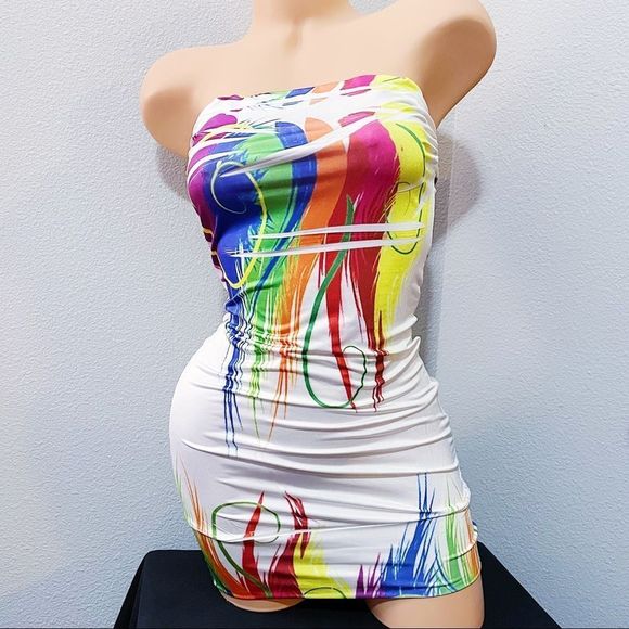 🌈 ⭐️5 FOR 25⭐️🌈Great Glam Abstract Design White Strapless Dress - Picture 2 of 6